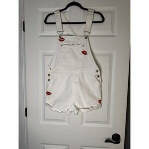 Forever 21 Denim Short Overalls / Shortalls White W Embroider Kisses 29